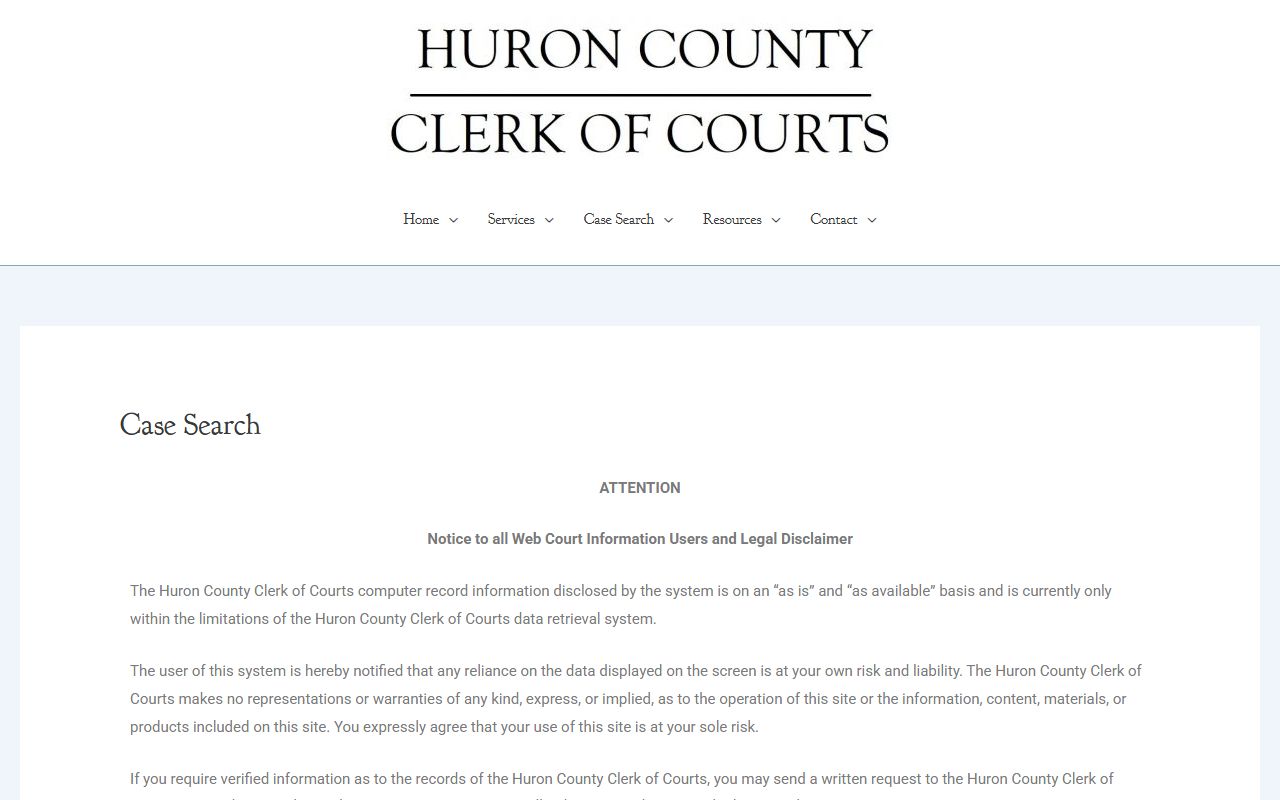 Huron County court records after arrest Clerk case search disclaimer